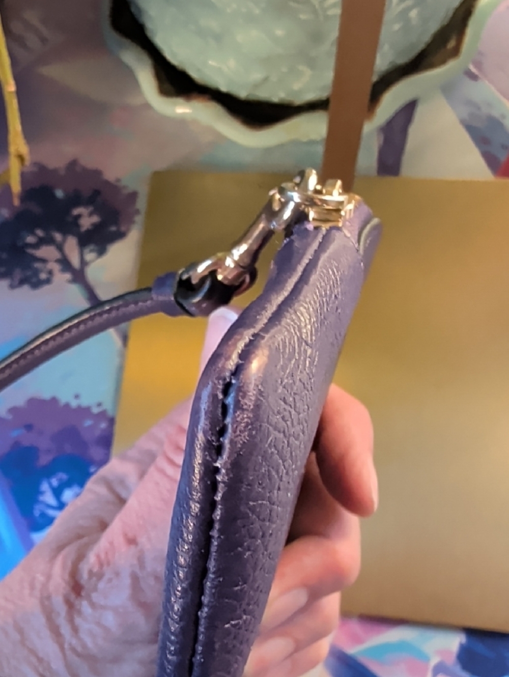 Coach Purple Pebbled Leather Wristlet with Gold Accents - Picture 8 of 8